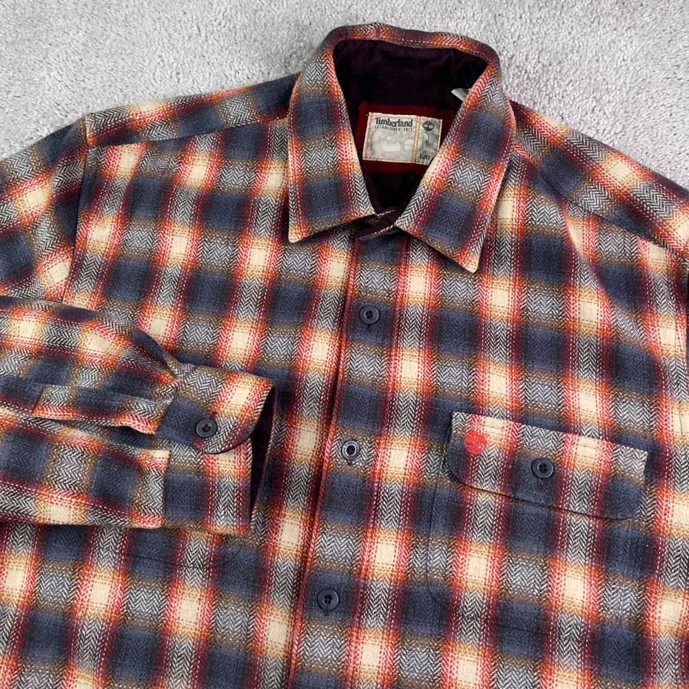 Vintage Timberland Shirt Mens Large Grey Plaid Wool Flannel Heavy Shacket